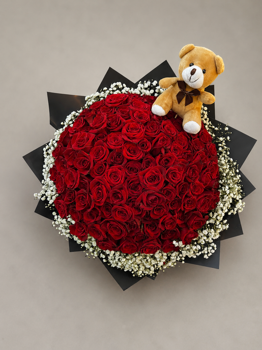 Bouquet XXL – 100 Roses Rouges avec Ourson
